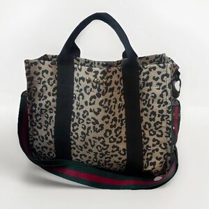 Leopard Print Canvas Tote Crossbody Bag with Stripe Strap